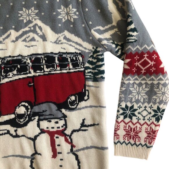 Volkswagen VW Bus Camper Van Ugly Christmas Xmas Sweater Red Grey Snowman Size S - Picture 5 of 16